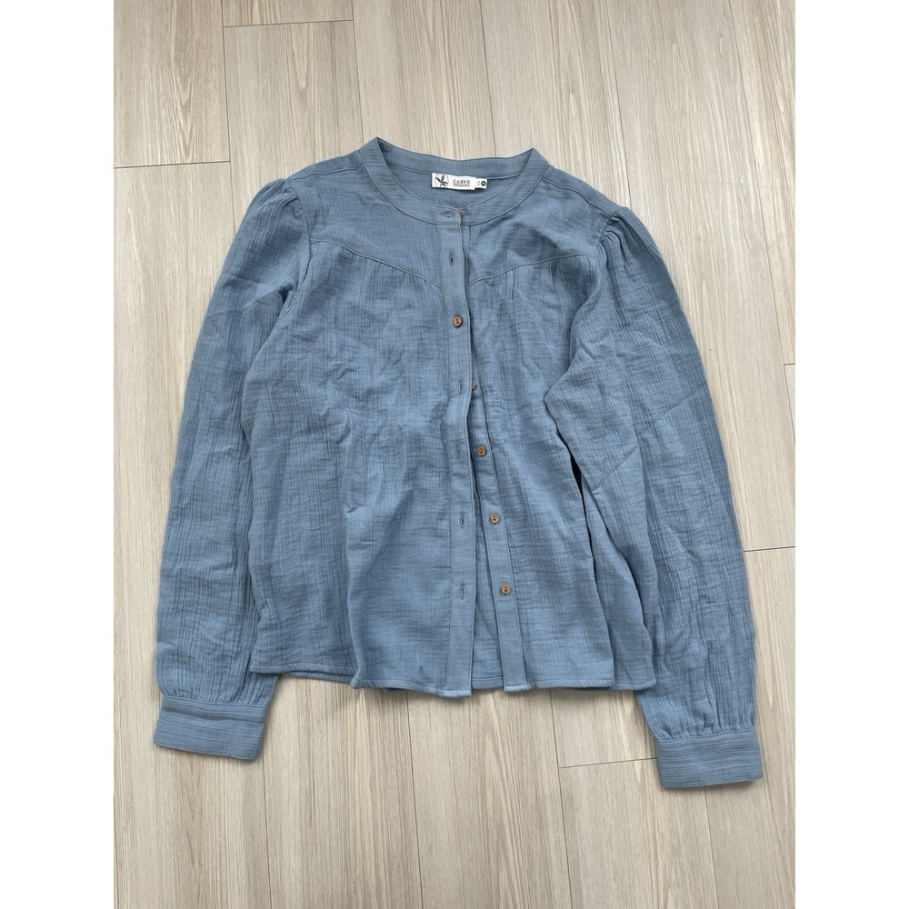 Carve Designs Long Sleeve 100% Cotton Blue Button Up Blouse Size Medium Earthy